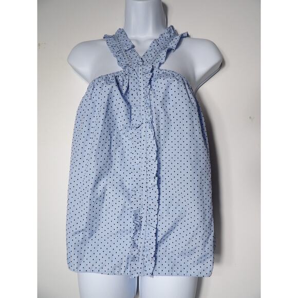 Waverly Grey Tank Top Small Ruffle Blue Grid Plaid Polka Dot Cottage Core - Picture 2 of 11